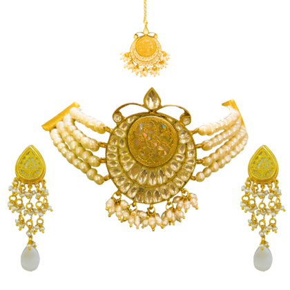 Thewa Kundan chand chokar necklace earrings with maangtika