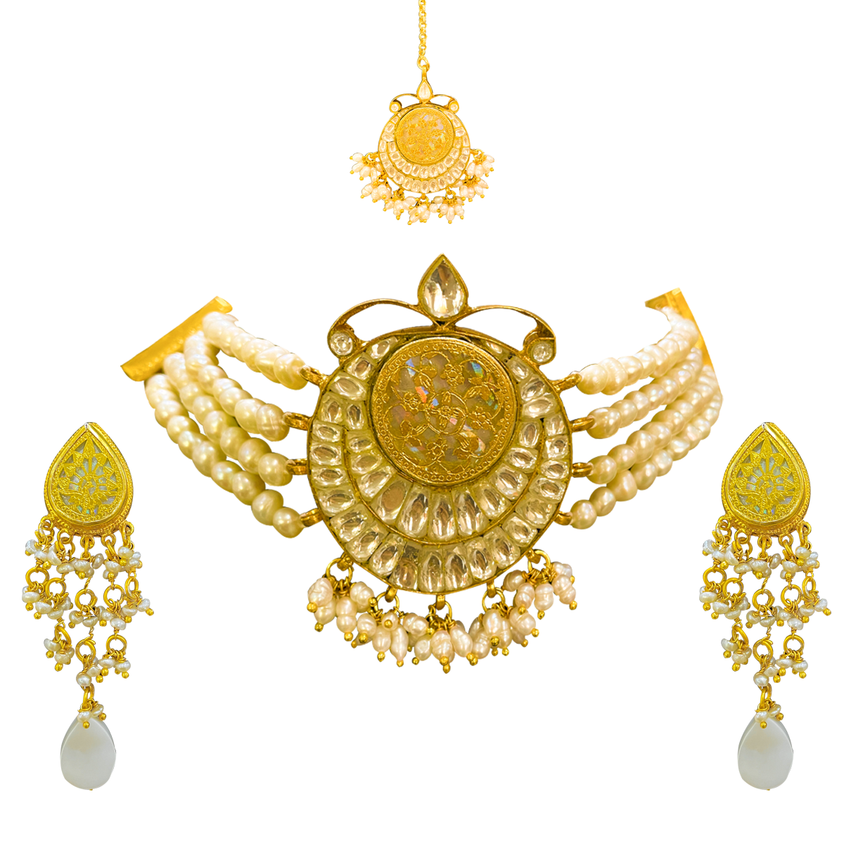 Thewa Kundan chand chokar necklace earrings with maangtika