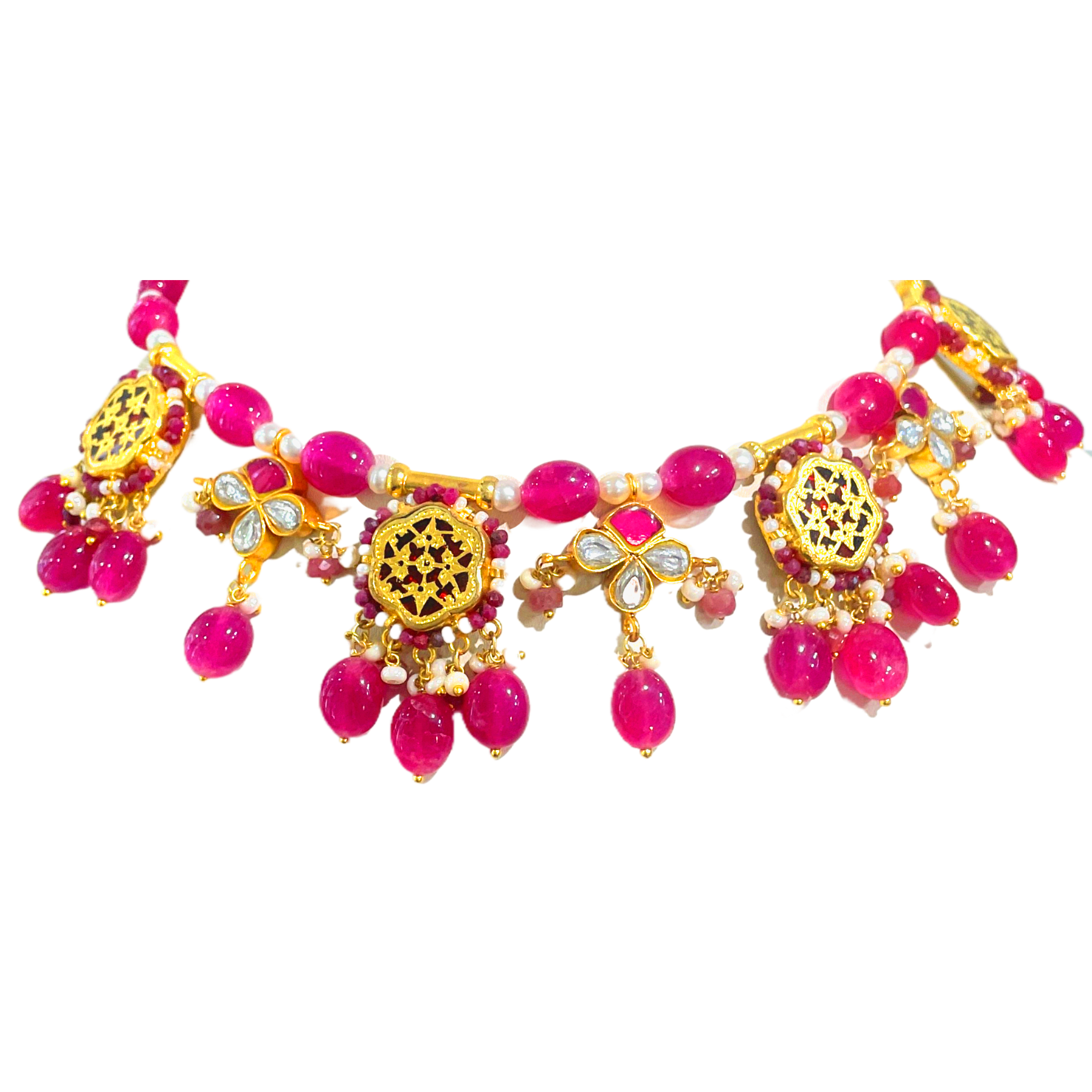 Rajput set style thewa in ruby pink look