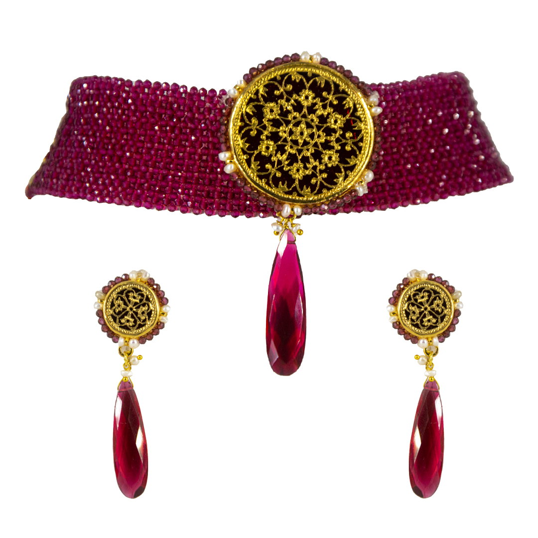 Thewa Red Round Chokar set