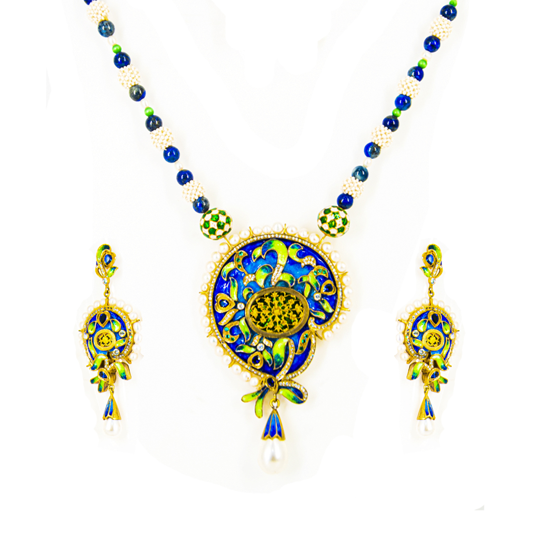Thewa Blue Meenakari Stone Work Fusion Set