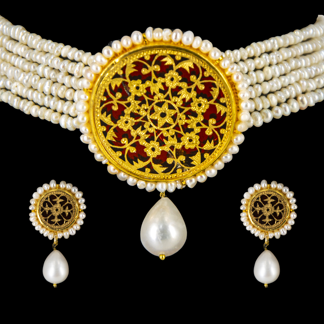 Thewa Red Pearl Chokar Set