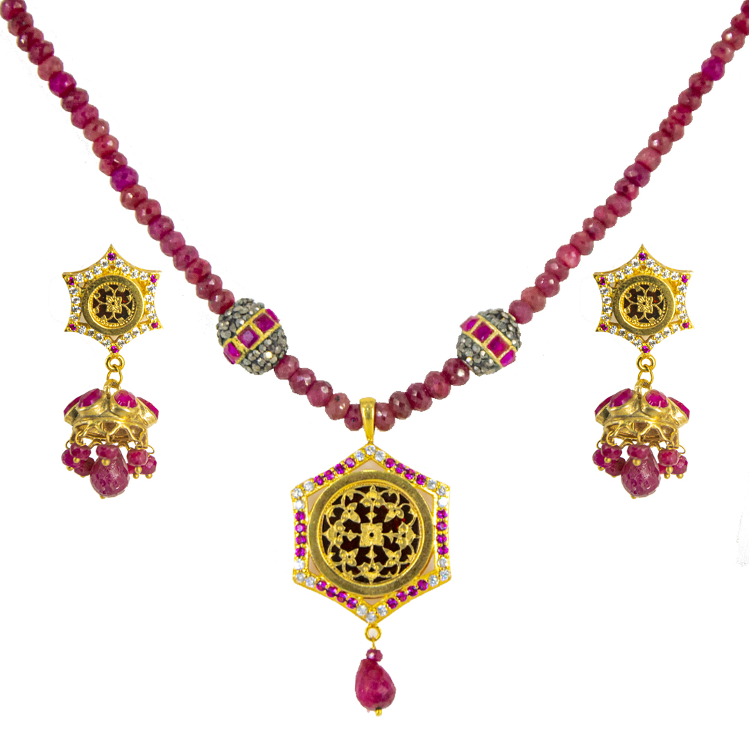 Thewa Ruby Stone Jhoomki Set