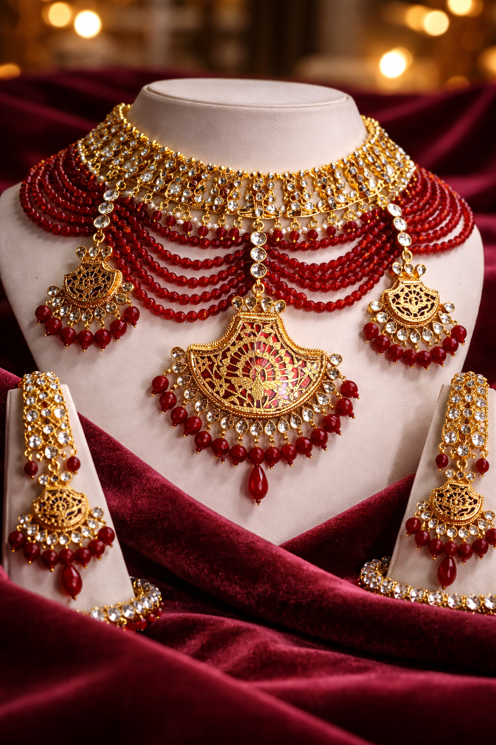 Thewa jewellery red set by sonkanch, handcrafted Thewa jewellery