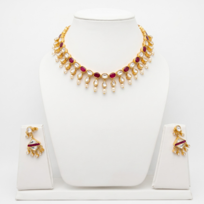 Gold Plated Ruby & Pearl Necklace Set