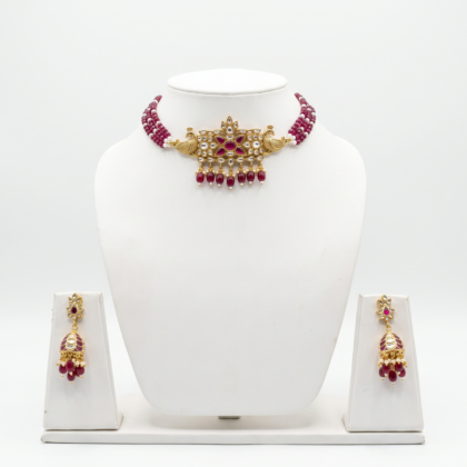 Gold Plated Kundan Ruby Beaded Necklace & Earring Set