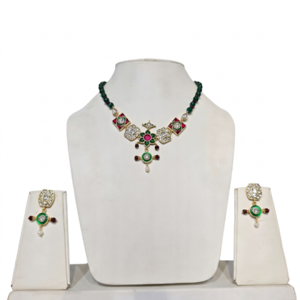 Gold Plated Kundan Green & Ruby Beaded Necklace & Earring Set