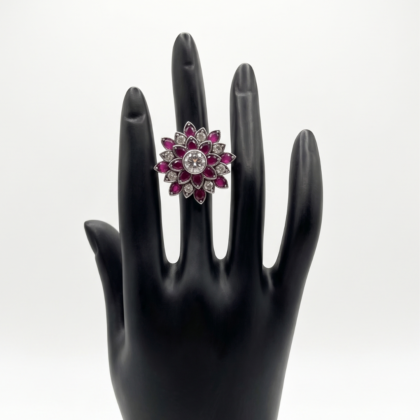 925 Silver Ruby & CZ Floral Ring