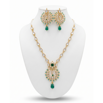 Gold Plated Green Kundan Necklace & Earring Set