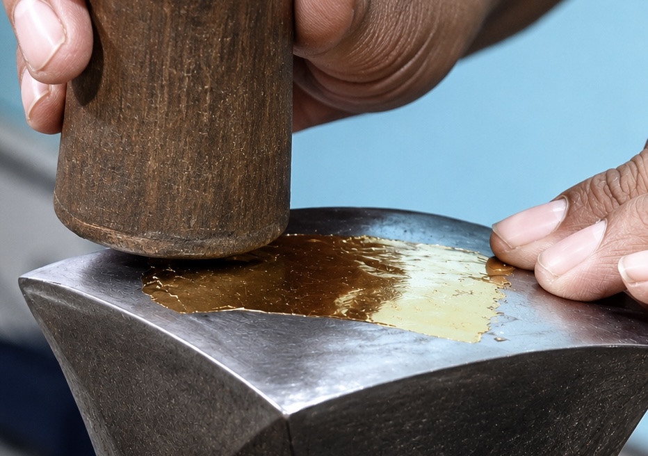 Artisan hand-hammering thin metal sheet into floral motifs on an anvil, the first step of making Thewa jewellery