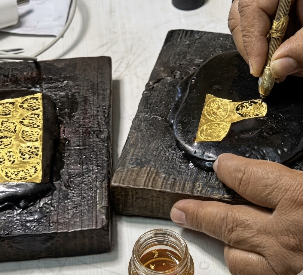 Craftsman striking a steel punch with a hammer to engrave floral patterns into a metal plate, with engraving tools beside it